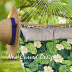 Double Hammock, 11 FT Quilted Fabric 2 Person Hammock for Outside with Pillow, Folding Curved Spreader Bar, Chains, Carrying Bag, Indoor Outdoor, 450 IB Capacity, GreenLeaves