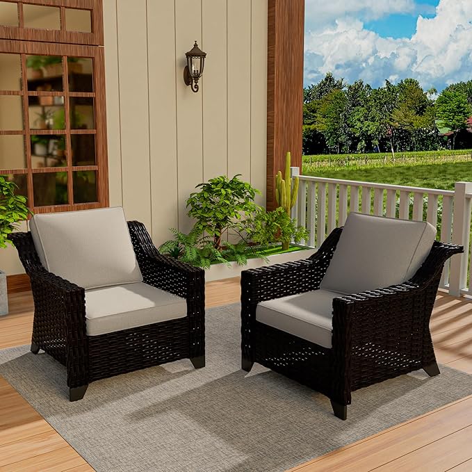 Vista Vibe 2 Pieces Outdoor Armchairs, Patio Conversation Furniture Set, Washable Cushions, Luxurious Hand-Woven PE Rattan, Garden, Bistro, Deck, Backyard (Brown/Beige)