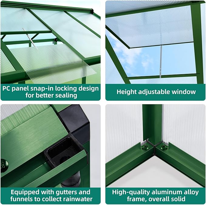 6x10 ft Greenhouse with Roof Vent, Aluminum Walk-in Greenhouses for Outdoors, Heavy Duty Garden House for Backyard, Patio, Easy Assembly