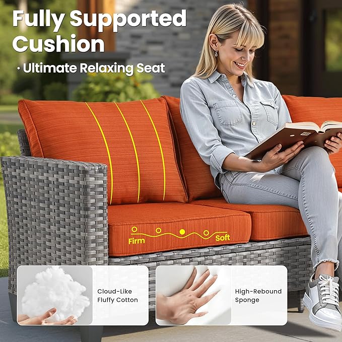ovios 10 Pieces Patio Furniture Set with Swivel Chairs Rocking Gliders, 54" Fire Pit Table, Outdoor Sofa Couch with Solar Lights Table, Modern Deep Seat Wicker Rattan Conversation Set, Orange Red