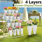 Flower Display Stand 4 Layers with 16 PCS Round Buckets, Plant Stand with Wheels, Movable Metal Plant Stand for Terrace Garden, Florist Shop