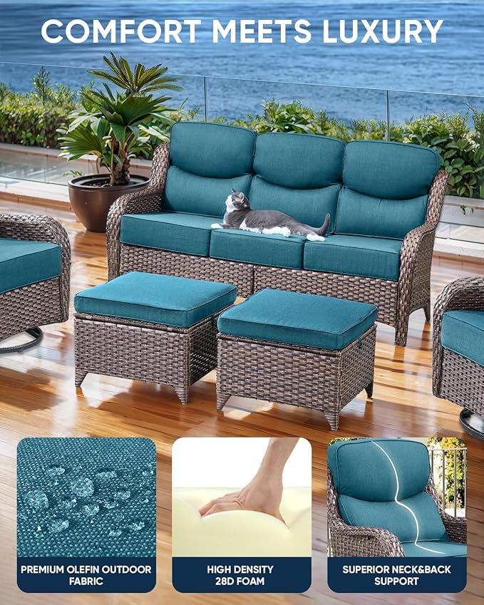 Luxury 24x24x6 Inch Smile Outdoor Sofa Cushions Set of 3 - Comfy Deep Seat Patio Furniture Pillows for Wicker Rocker Dining Chair Loveseat 3-Seater L-Shape Sectional Sofa - Peacock Blue