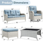 Wicker Outdoor Conversation Set-6 Pieces Outdoor Wicker High Back Couch with Swivel Rocker Chairs Patio Furniture for Deck Poolside Backyard-Light Grey/Light Blue