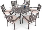 MFSTUDIO 7 PCS Cast Aluminum Patio Dining Set, Retro Design Outdoor Patio Table and Chairs with 6 Wide Dining Chair and 1 54" Round Aluminum Outdoor Dining Table