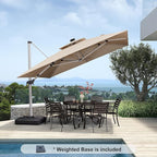 PURPLE LEAF 11 Feet Solar Powered LED Square Cantilever Umbrella With Base Patio Umbrellas Windproof Hanging Umbrella Outdoor Umbrellas Offset Umbrellas, Beige