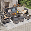 MEISSALIVVE 7 Pieces Patio Furniture Sets, PE Wicker Outdoor Conversation Sets with 2 Wood Armrests Swivel Rocker Chairs, 2 Ottomans, 3-seat Sofa and Dining Table (Grey)