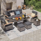 MEISSALIVVE 7 Pieces Patio Furniture Sets, PE Wicker Outdoor Conversation Sets with 2 Wood Armrests Swivel Rocker Chairs, 2 Ottomans, 3-seat Sofa and Dining Table (Grey)