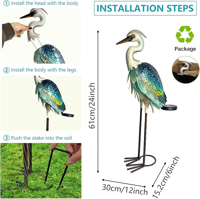 HONGLAND Solar Heron Metal Crane Statue Garden Heron Sculpture, Glass Outdoor Crane Yard Art Coastal Ocean Bird Decor 24 Inch Lawn Ornament for Backyard Porch Patio Decor（Green）