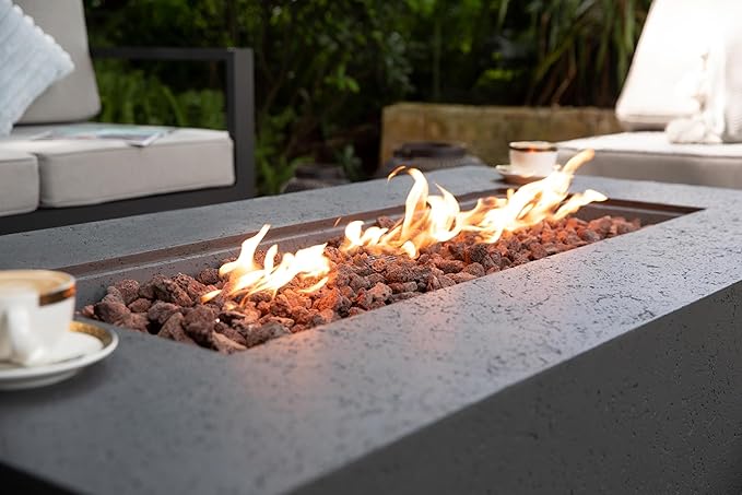 AMS Creations | Madison 60" Rectangular Propane Gas Outdoor Fire Pit Table | Dark Gray Concrete GFRC | Limestone Texture or Surface | Electronic Ignition | Outside Backyard Fireplace