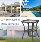 Outdoor Side Table, Brown Rattan Wicker Patio Side Table, Patio End Table, Small Outdoor Side Table with Glass Tabletop and Storage Shelf (Brown)
