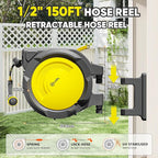 SILVEL Retractable Garden Hose Reel – 1/2 in x 150FT Heavy Duty Automatic Hose Reel Wall Mounted, UV Resistant with 10 Pattern Nozzle, Any Length Lock & Slow Return System, 180°Swivel Bracket, Yellow