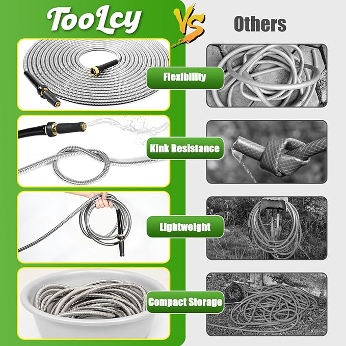 TOOLCY Metal Garden Hose 100 FT - 304 Stainless Steel Water Hose with Brass Nozzle - Heavy Duty, No Kink, Super Flexible, Durable Garden Hoses for Yard, Outdoor, Lawn