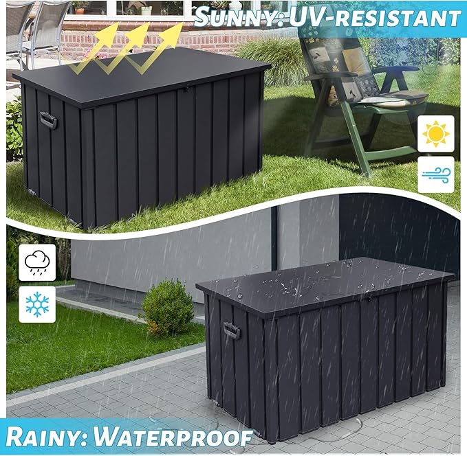 Outdoor Storage Box, 120 Gallon Metal Deck Box Built-in a Oxford Fabric Storage Bag, Lockable & Waterproof Outside Patio Storage Box for Cushions, Pillows, Pool Floats- Grey