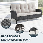 7 Piece Patio Furniture Set - Wicker Patio Conversation Set with Swivel Glider, 3 Seat Sofa, 2 Ottomans, Glass Side Table and Coffee Table for Deck Backyard - Black Wicker Beige Cushion