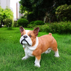 French Bulldog Outdoor Dog Statue with Reversible “Welcome/ON Patrol” Hanging Plaque and Solar Walkway Lantern, Brown & White Standing Yard Accent