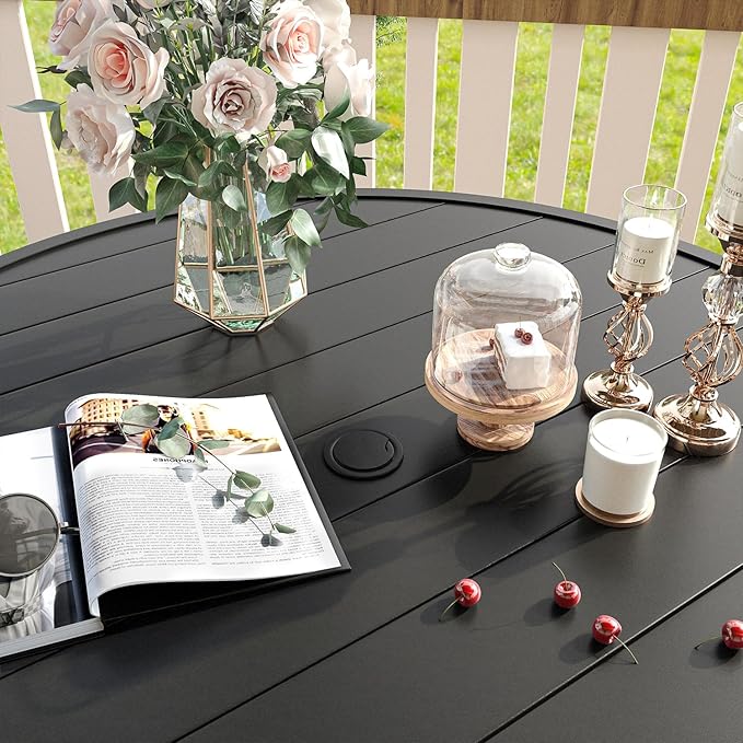 VICLLAX Patio Dining Set for 6, 7 Pieces Outdoor Furniture Includes 53" Round Patio Table with Umbrella Hole and 6 Outdoor Swivel Chairs for Lawn Garden, Black Tabletop and Dark Grey Fabric