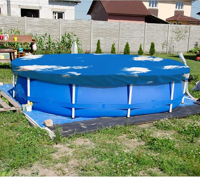 ECOOPTS 15 ft Waterproof Round Polyester Pool Cover for Above Ground Pools, Swimming Pool Cover Protector Winter Safety Cover (Blue Sky)