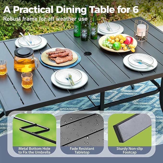Patio Dining Set 7 PCS, Rectangular Steel Dining Table with 1.57" Hole, Red Stable Dining Chairs for 6,Patio Table and Chairs for Outdoor Lawn Garden,Deck.