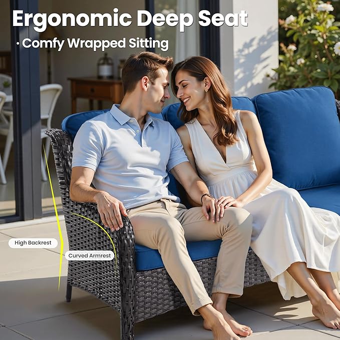 ovios 6 Pieces Patio Furniture Set, Outdoor Wicker Sofa Couch with Swivel Chairs Ottomans Comfy Cushions, High Back All Weather Modern Conversation Sets, Brown Rattan, Navy Blue