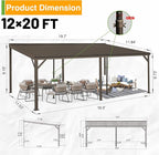 12x20FT Lean to Gazebo, Outdoor Hardtop Wall Mounted Gazebo with Gutter & Sloping Galvanized Steel Roof, Metal Hard Top Awnings for Deck, Porch, Backyard -Brown