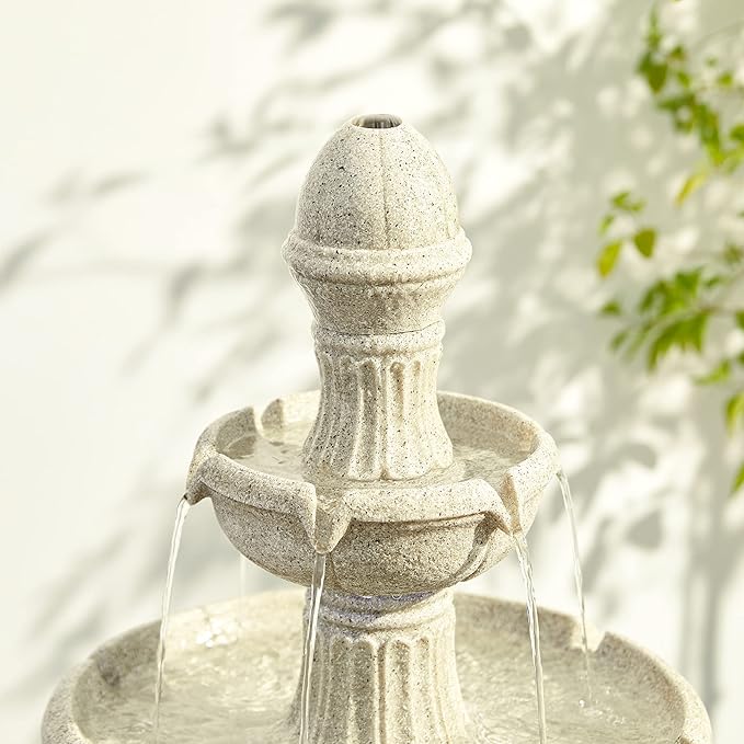 Glitzhome Outdoor Fountains and Waterfalls 3 Tier Patio Fountain with Pump & LED Light, Resin Terrazzo Water Fountains Oversized Outdoor Floor Stand Fountain for Garden Backyard Yard Lawn Sand Beige
