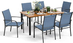Patio Table and Chairs Set, Outdoor Dining Set for 6 with Blue Chairs and Teak Color Tabletop Outdoor Dining Table, 7-Piece Patio Furniture Set for Deck Backyard Lawn