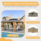 Domi Outdoor Living 12’x16’ Hardtop Gazebo, Wooden Coated Aluminum Frame Canopy with Galvanized Steel Double Roof, Outdoor Permanent Metal Pavilion with Curtains and Netting for Patio, Deck and Lawn