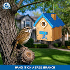 Wren Bird House for Outside, Premium Wooden Wren Bird Houses, Hanging Chickadee Bird House, Weatherproof Garden Decor Birdhouses for Outdoors, Blue Color Roof Bird Nesting Titmouse