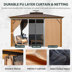 YOLENY 12'x12' Hardtop Gazebo, Wooden Finish Coated Aluminum Frame Canopy with Galvanized Steel Roof, Outdoor Metal Gazebos with Curtains and Nettings for Patio, Backyard, Deck and Lawns
