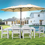 LOUNZY 7 Pieces Patio Dining Sets, 75.2'' Table Outdoor HDPE Furniture Set w/ 2" Hole Cut-Out Dining Table with 6 Patio Chairs for Lawn, Pool and Yard,White