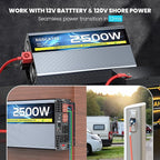 2500W Pure Sine Wave Inverter with Transfer Switch, 12V DC to 120V AC Converter with 2AC Outlets, USB Port, Type-C Port, Remote Controller, Power Inverter for RV, Outdoor, Auto Swtich to Shore Power