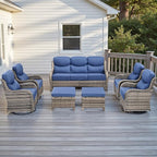 Rilyson Wicker Outdoor Patio Furniture Set - 7 Piece Patio Conversation Sets with Swivel Rocker Chairs, Ottomans and Sofa, 6 inch Cushions, Waterproof Wicker, for Porch Deck Mixed Grey/Blue