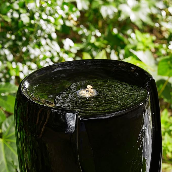 Glitzhome 29.25" H Oversized Ceramic Vase Outdoor Water Fountain Tall Patio Garden Water Fountain with LED Light and Submersible Pump Yard Art Decor, Black, 29.25”H