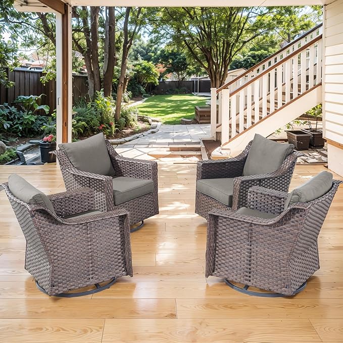 Outdoor Patio Wicker Swivel Chairs - Set of 4 Outside Rattan Rocker Glider Chair Rocking Armchairs for Front Porch Balcony Backyard Yard Deck Poolside Apartment – Brown/Grey