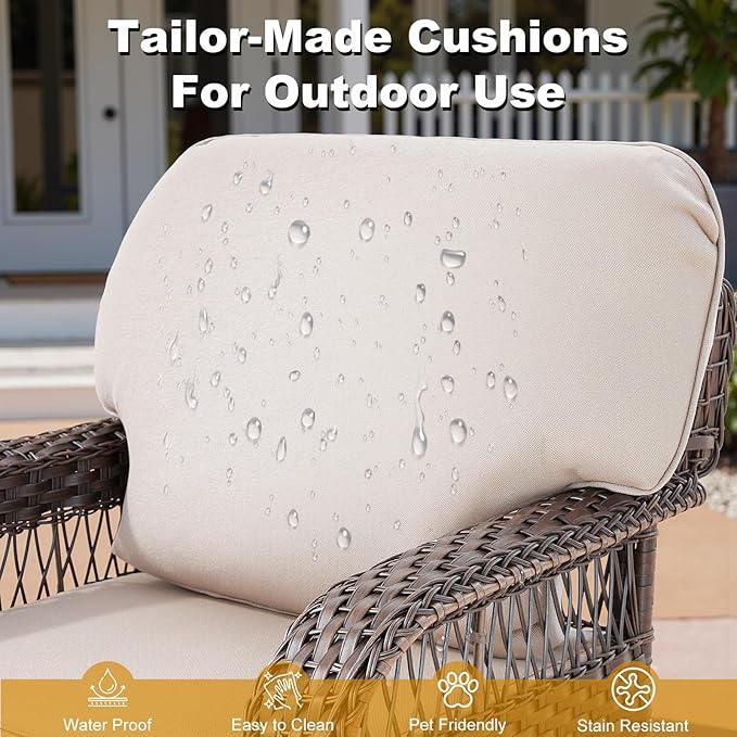 7 Pieces Patio Furniture Set Outdoor Sectional Sofa Couch with Rocking Swivel Chairs 5" Deep Seat Chairs, Modern Wicker Rattan Conversation Set, Beige/Brown Wicker