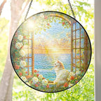 FLAGWIX Christmas Cat Gifts for Women - Stained Glass Window Hanging 10 in - Beach Gifts for Women Mom Grandma, Gift for Cat Lovers, Suncatcher Holiday Christmas Decorations for Home, Coastal Decor