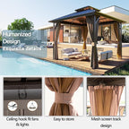 10' x 10' Outdoor Hardtop Gazebo Aluminum Frame with Double Metal Roof, Canopy Netting, Curtain, Patio Permanent Galvanized Steel Gazebo for Backyard, Garden, Party, Deck, Lawn