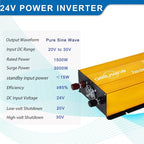 1500W Pure Sine Wave Inverter-24V DC to 110V 120V AC Power Converter with 2 AC Outlets, 24 Volt Power Inverter for Truck, Rv, Camping, Home, Emergency Power