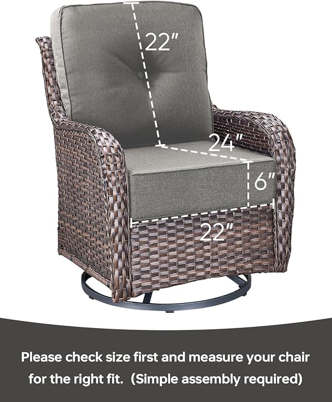 Luxury 22x24/22x25 6-Inch Patio Chair Cushions Set of 3 - Memory Foam Deep Seat Water Repellent Patio Cushion for Lawn Dining Rocking Swivel Chairs Loveseat 3-Seater Sectional Sofa - Grey