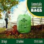 30-33 Gallon Compostable Trash Bags Flat-Top 30 Bags Heavy Duty1.57 Mil, 124.92 Liter Large Lawn and Yard Waste Bag green for Outdoor Garden ASTM D6400, US BPI and OK Compost Home Certified