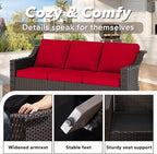 77'' Patio Sofa, All Weather Outdoor Rattan Wicker 3-Seat Sofa High Back Couch with Premium Cushions for Garden Backyard Porch(Brown/Red)