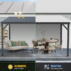 Domi 10’x12’ Lean-to Gazebo, Hardtop Wall-Mounted Gazebo Pergola with Sloping Galvanized Steel Roof and Upgraded Drainage System, Outdoor Permanent Metal Shelters for Patio Backyard Deck, Grey