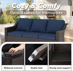 77'' Patio Sofa, All Weather Outdoor Rattan Wicker 3-Seat Sofa High Back Couch with Premium Cushions for Garden Backyard Porch(Brown/Navy)