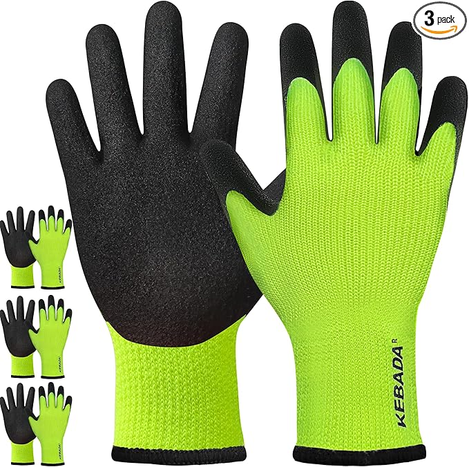 Kebada T3 Winter Work Gloves for Men and Women, Warm Knit Cold Weather Work Gloves, Thermal Insulated Freezer Gloves, 100% Latex Coating Non-slip Grip, Long Wrist Design, 3 Pairs, Green, XX-Large