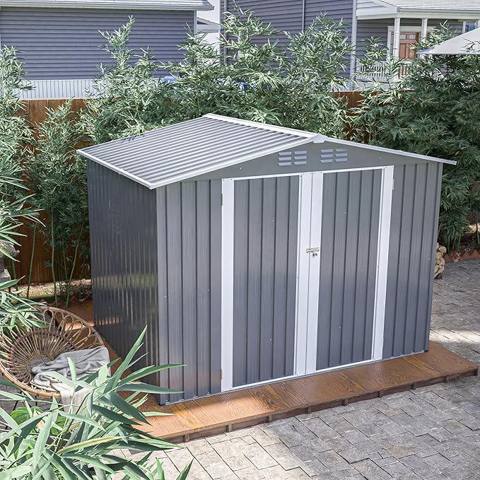 8x6 ft Outdoor Waterproof Metal Storage Shed with Foundation Floor Frame, Lockable Hinged Doors & Air Vents, All Weather Garden Tool Shed for Backyard Lawn, Galvanized Steel - Grey