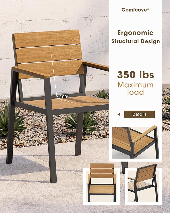 Patio Outdoor Dining Set for 6, Aluminum 7 Piece HDPE Outdoor Table and Chairs Set with Umbrella Hole, Modren Rectangular Patio Furniture Set with All-weather Table and 6 Chairs (Gray & Teak)