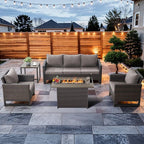 HUMMUH 5 Piece Patio Furniture Set with Fire Pit Table 41in 55,000 BTU,Wicker Outdoor Conversation Sets -Patio Sofa Outdoor Chairs Set of 2 for Porch,Garden,Backyard