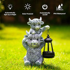 Solar Highland Cow Garden Decor - Resin Cow Statue with Solar Lantern Outdoor Yard Patio Decor - Ideal Gifts for Women,Mom Men (Grey)