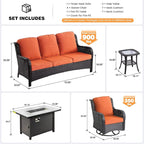 ovios 8 Pieces Patio Furniture Set, Outdoor Wicker Sofa Couch with Swivel Chairs 42" Fire Pit Table, High Back All Weather Modern Conversation Sets, Brown Rattan, Orange Red