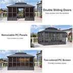 PURPLE LEAF 12' X 14' Solarium Sunroom Permanent Hardtop Gazebo Galvanized Steel Double Roof Aluminum Outdoor Screen House for Lawn Deck Backyard Grey